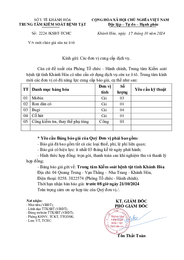 V/v mời chào giá sửa xe ô tô